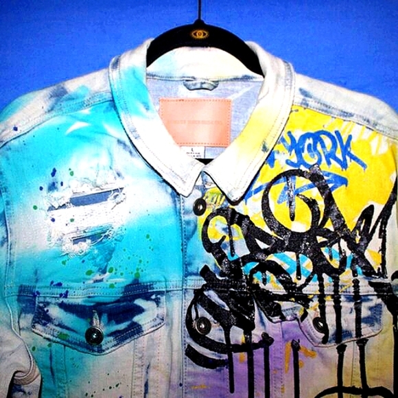 Smoke Rise Graffiti Paint Splatter Denim Jacket L - Picture 4 of 14
